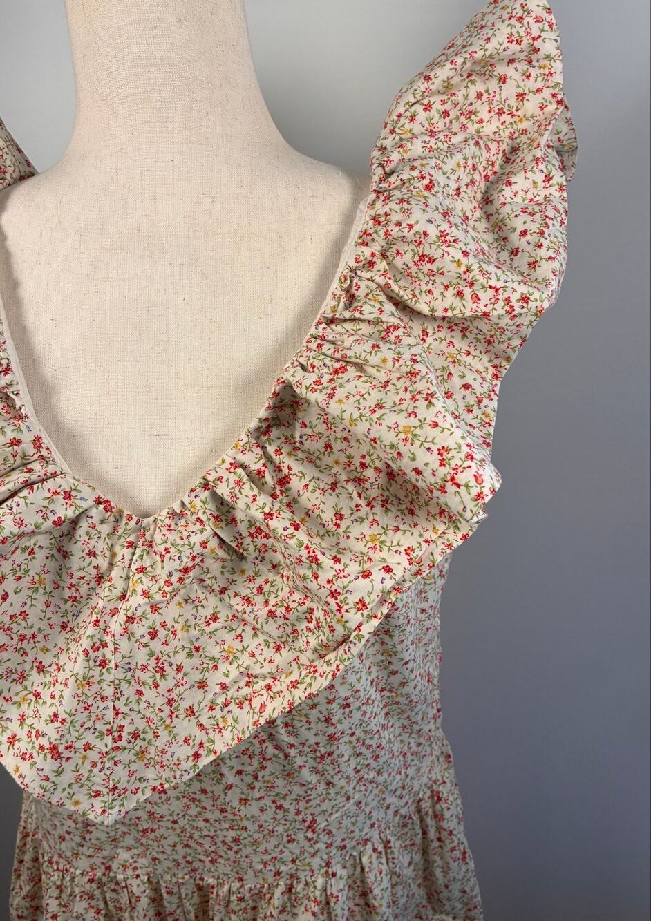 English Factory Floral Ruffle Tiered Midi Dress Womens Large Red Cream Pockets